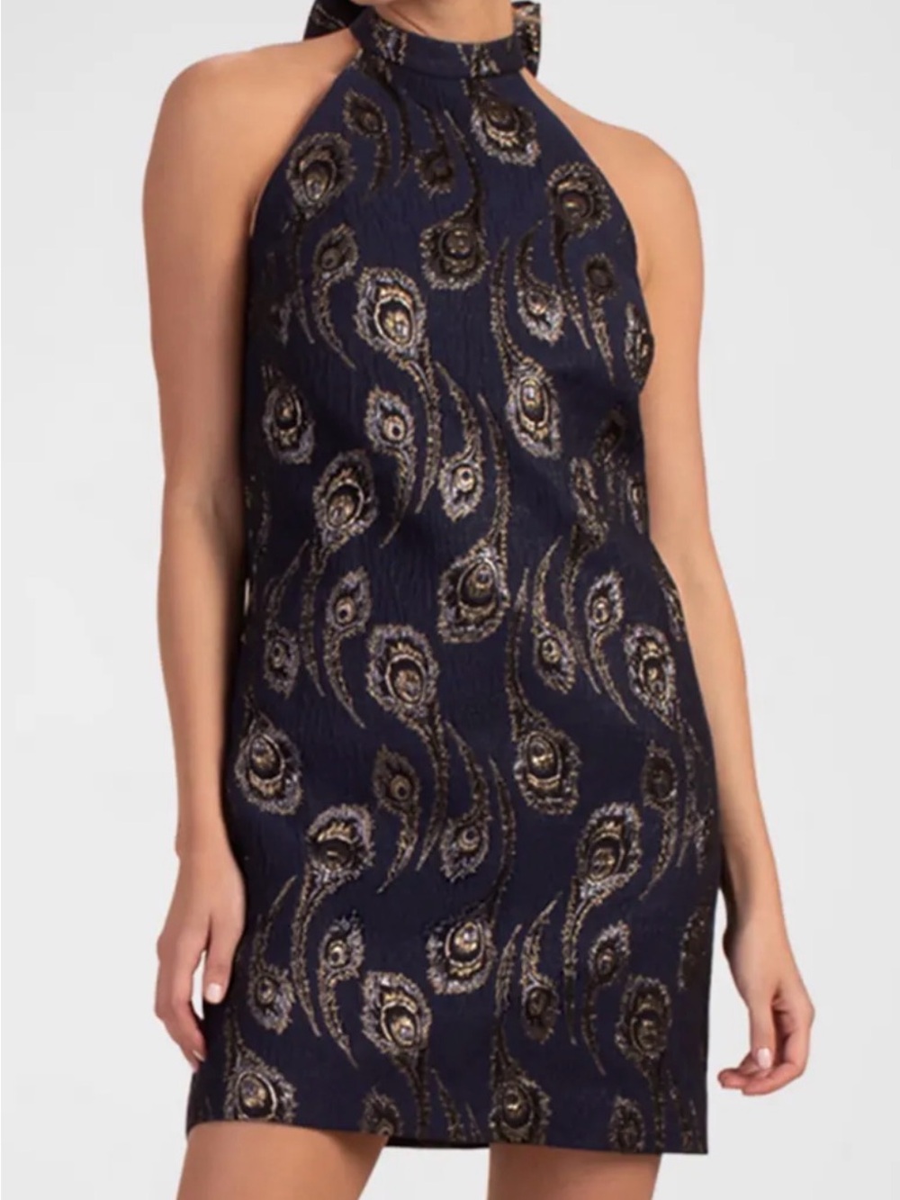 Trina Turk Navy/Gold Textured Jacquard Halter Designer Glam Mini Dress Sz 8 EUC